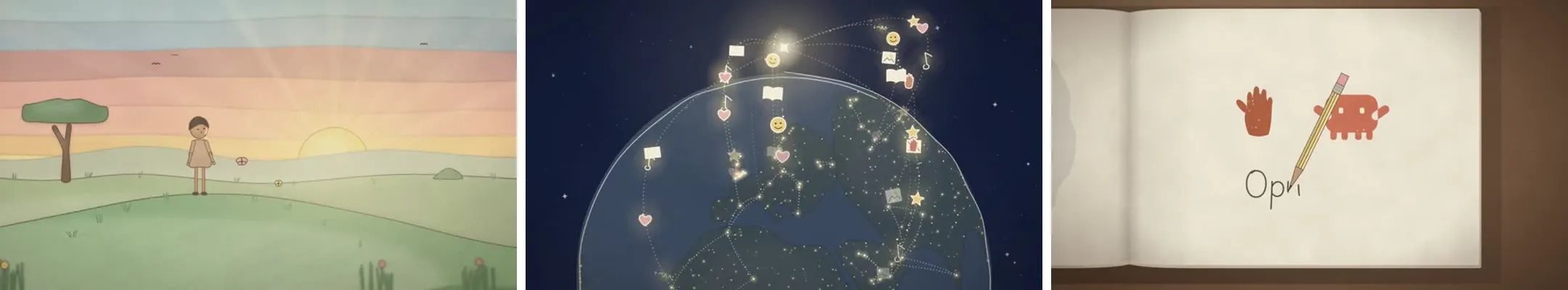 Three frames from songkeys’s origami-style animation: a lone figure on a hill at sunrise, the Earth at night covered in glowing connected icons, and a sketchbook page with a pencil drawing a small creature