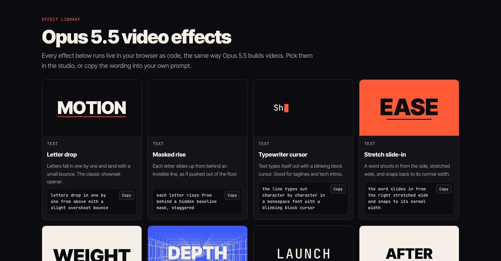 The Motion AI Video effect library showing four text effects: letter drop, masked rise, typewriter cursor, and stretch slide-in, each with copyable prompt wording