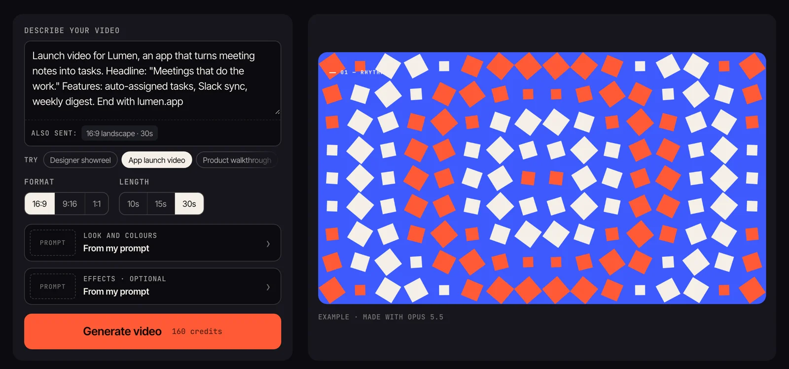 The Motion AI Video generator with the App launch video template loaded: a prompt for an app called Lumen, 16:9 format, 30-second length, and a Generate video button