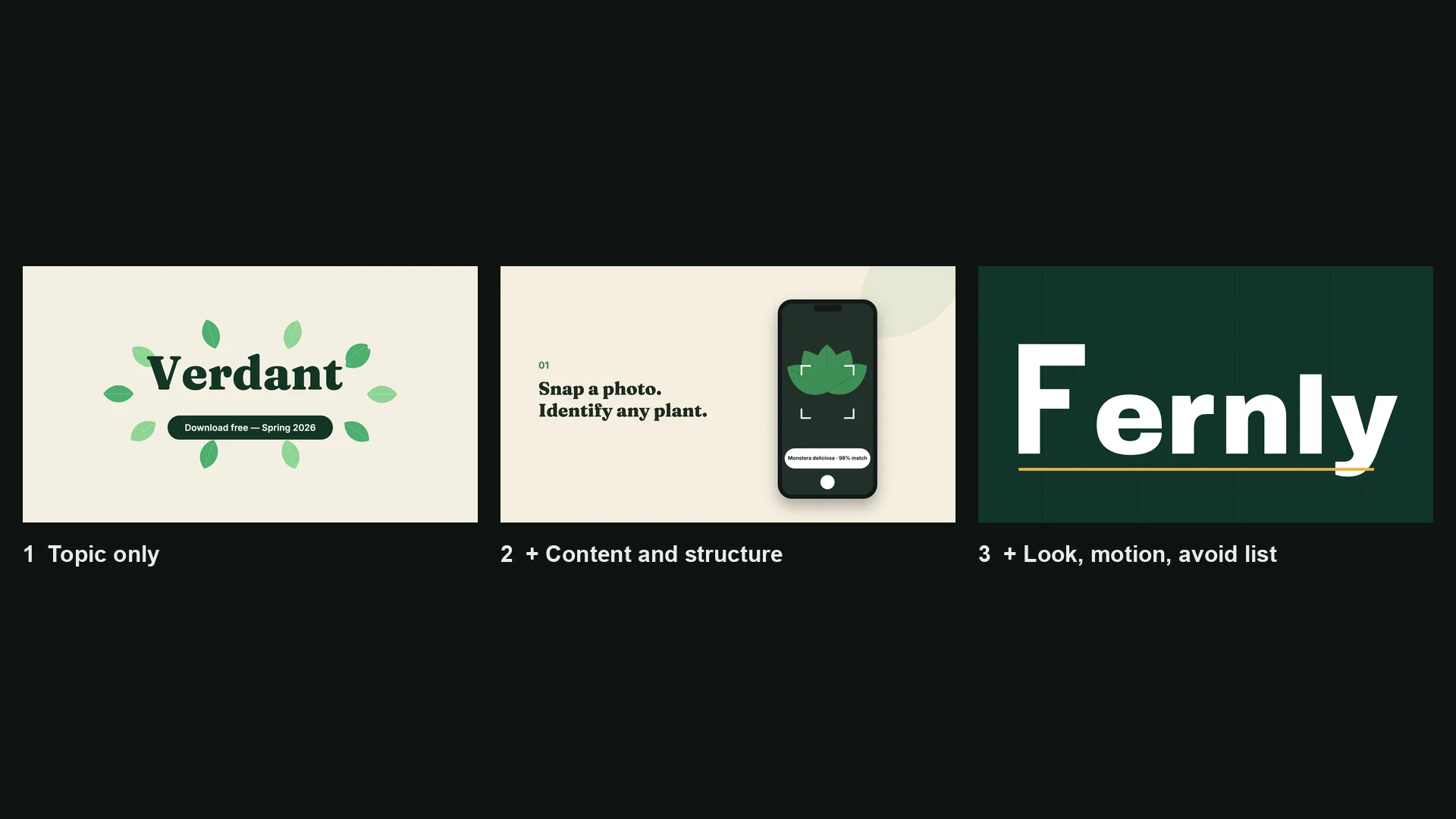 Three versions of the same Opus 5.5 launch video: a one-line prompt, a prompt with real content, and a prompt that also sets the look, motion and the defaults to avoid